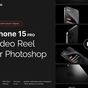 May include: A mockup of an iPhone 15 Pro video reel for Photoshop. The image shows a black iPhone 15 Pro with the text "iPhone 15 Pro Photoshop Reel" on the screen. The image is set against a black background.