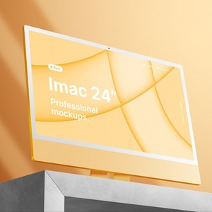 May include: A white iMac 24" computer with a yellow and white abstract design on the screen. The text "Imac 24" and "Professional mockups" is displayed on the screen.