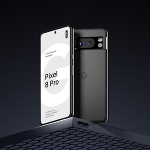 May include: A black Google Pixel 8 Pro smartphone mockup with a white screen displaying the text "Pixel 8 Pro" and "3 official colors: Obsidian, Snow, and Hazel".