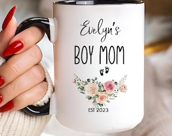 Boy Mom Mug, Personalized Floral Coffee Cup, Gift for Mom