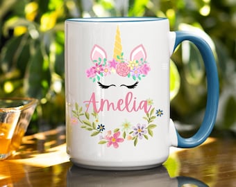 Personalized Unicorn Mug – 15 oz Coffee Cup, Floral Design