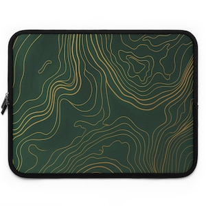 May include: A rectangular laptop sleeve with a dark green background and gold contour lines. The sleeve has a black border and a black zipper. The design resembles a topographic map.