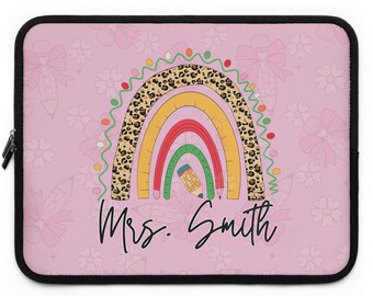 Custom Teacher Laptop Sleeve, Personalized Rainbow Laptop Case with Name, Cute Teacher Gift, Leopard Print Teacher Appreciation