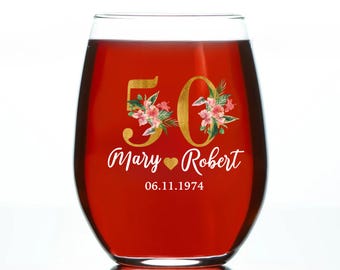 Personalized Golden Anniversary Whiskey Glass, Engraved Custom Wine Glass for Couples, Wedding Keepsake Gift, Milestone Celebration, Parent