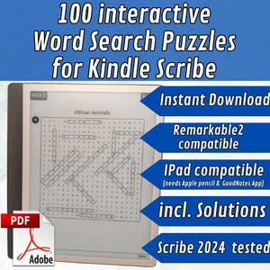 100 Word Search Puzzles for Kindle Scribe | Interactive PDF | Instant Download | Brain Games & Fun Activity