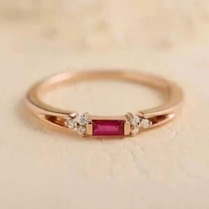 Vintage Ruby Engagement Ring, 14K Yellow Gold Band Ring, Gift for Her, Dainty Ruby Diamond Ring, July Birthstone Stacking Ring, Promise Band