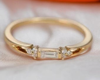 Moissanite Baguette Engagement Ring: 14K Yellow Gold Art Deco Band