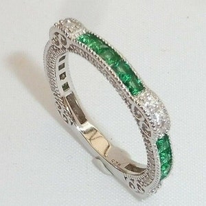 1890s Art Deco diamond & emerald wedding ring Vintage diamond eternity ring antique diamond band old mine moissanite band stacking band ring