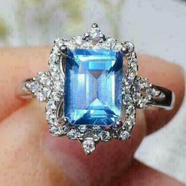 vintage London blue topaz milgrain ring Emerald cut 935 silver unique engagement ring December birthstone Ring Vintage wedding rings, Gift