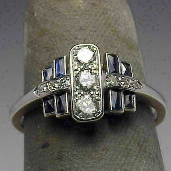 Vintage Edwardian Art Deco Ring Estate Jewelry Engagement Ring In 935 Argentium Silver 2.25 Cts Three Stone Moissanite Ring Sapphire Rings