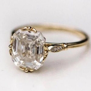 Asscher Cut Moissanite Engagement Ring 14K Yellow Gold Anniversary Ring Art Deco Wedding Ring For Woman Gift For Her Unique Promise Ring