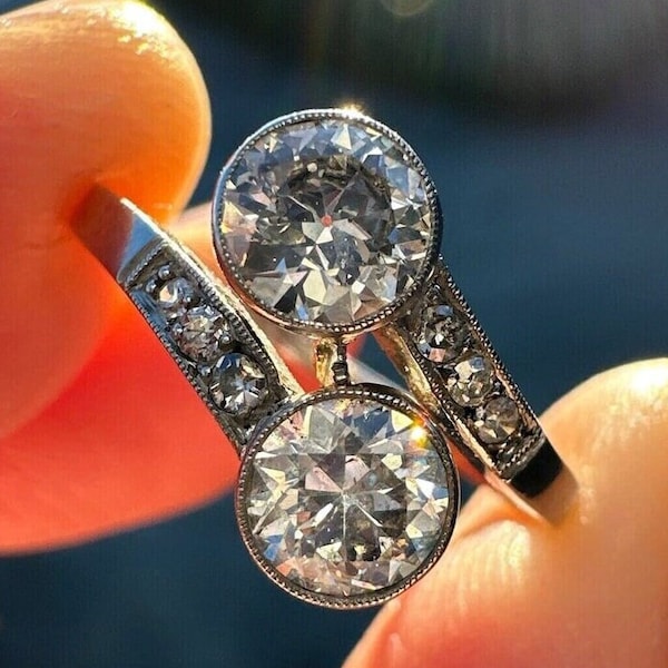 1890s Vintage 2.30 Ct Old Mine Diamond Art Deco Toi Et Moi Ring Antique Engagement Ring 935 Argentium Silver Bezel Set Two Stone Gift Ring