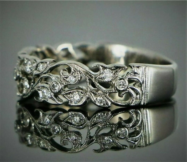 Vintage Floral Diamond Eternity Band • 14K White Gold Leaf Filigree ...