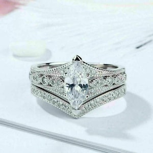 1890s Vintage 2.50 Ct Art Deco Old European Wedding Engagement Ring Set In 935 Argentium Silver Marquise Diamond Ring Set Antique Bridal Set