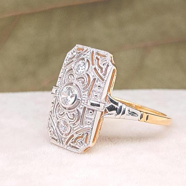 Vintage Art Deco Ring Round Moissanite Engagement Ring 1920's Ring Promise Ring For Woman Anniversary Gift Two Tone Sterling Silver Ring