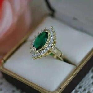 Vintage Emerald Diamond Halo Ring • Marquise Cut Green Gemstone Gold Ring • Antique Engagement Anniversary Jewelry for Her • Christmas Gift