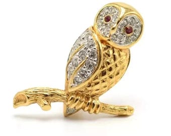 Gold Owl Brooch Pin • Crystal Rhinestone Owl Jewelry • Vintage Style Animal Brooch • Cute Bird Lapel Pin • Gift for Owl Lovers & Collectors