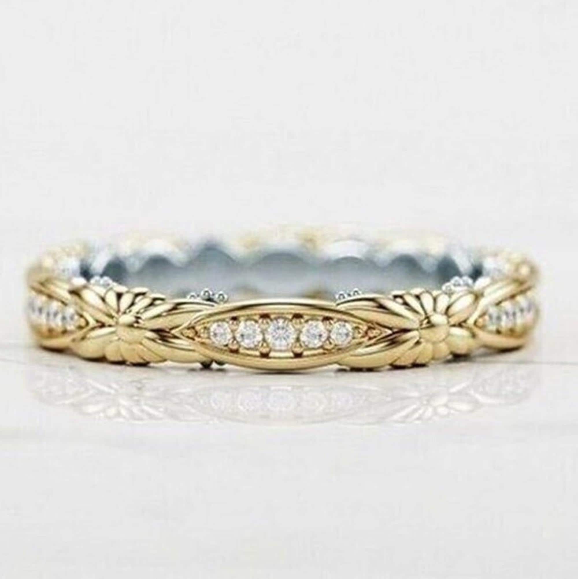 Vintage Floral Diamond Eternity Band • Gold Flower Wedding Ring ...