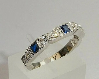 Anello dell'eternità Milgrain in argento, anello di fidanzamento Art Déco anni '20 in oro massiccio 14 carati, regalo di anniversario, anello dell'eternità vintage con zaffiro