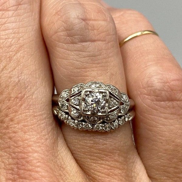 1890s Vintage 2.00 Ct Art Deco Round Cut Diamond Wedding Engagement Ring Set In 935 Argentium Silver Estate Ring Set Antique Bridal Set