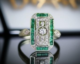 Art Deco Emerald Moissanite Ring: Vintage 925 Silver Engagement Ring