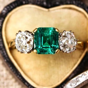 Vintage Emerald Bridal Ring: Three Stone 14KT Yellow Gold Finish