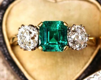 Old European Emerald Vintage bridal Ring, Green Emerald Wedding Engagement Ring, Three Stone Engagement Ring, 14KT Yellow Gold Finish Ring