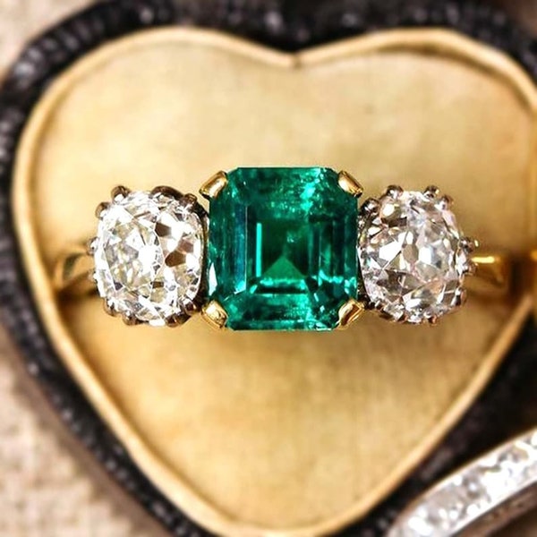 Old European Emerald Vintage bridal Ring, Green Emerald Wedding Engagement Ring, Three Stone Engagement Ring, 14KT Yellow Gold Finish Ring