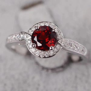 1920s Art Deco 1.5Ct Round Ruby Ring: 14K White Gold Band, Vintage Garnet Engagement Ring,Promise Ring, Anniversary Gift for Her