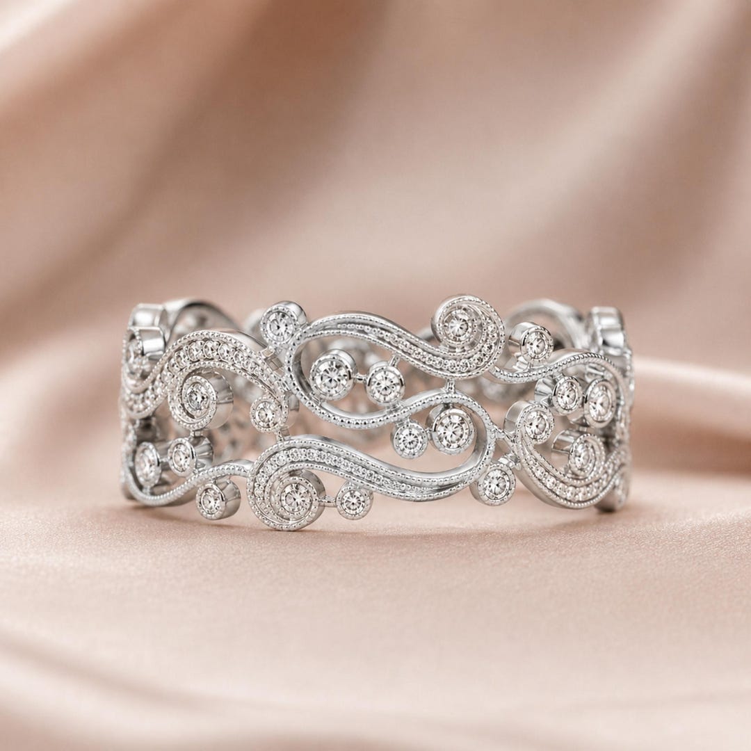 Vintage Floral Diamond Eternity Band 14k White Gold, Filigree Wedding ...
