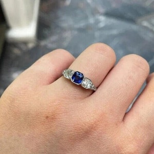 1900-10's Vintage 2 Carat Sapphire Antique Art Deco Wedding Ring 935 Argentium Silver Estate Diamond Ring Three Stone Vintage Filigree Ring