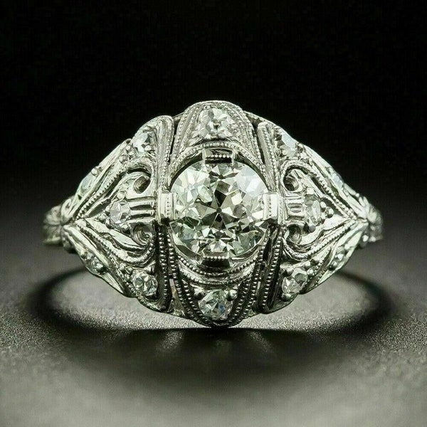 Wedding Engagement Bride Ring, Old European Cut CZ Or Moissanite Diamond Art Deco Ring, Edwardian Filigree Style Ring, Vintage Jewellery
