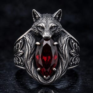 May include: A silver ring featuring a detailed fox head at the top, with a large, marquise-cut deep red gemstone set below the fox. The band is decorated with intricate, raised leaf-like patterns on both sides, finished with a dark, oxidized texture.