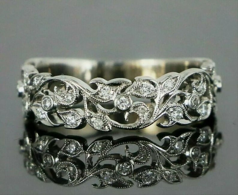 Vintage Floral Diamond Eternity Band • 14K White Gold Leaf Filigree ...