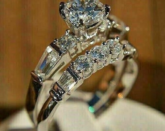 1890s Art Deco Argentium Silver Wedding Ring Set: 2.50 Ct Old European Cut