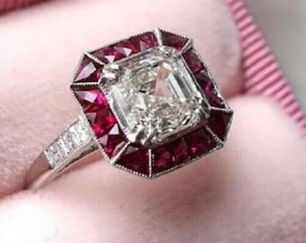 Vintage Art Deco Asscher Cut Red Ruby Engagement Vintage Wedding Ring, Vintage Engagement Ring, Bridal Wedding Ring, Edwardian Antique Ring