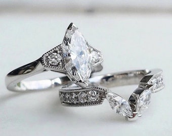 1890s Vintage Art Deco Wedding Engagement Ring Set In 935 Argentium Silver 2.20Ct Marquise Diamond Ring Set Antique Bridal Set gifts for Her