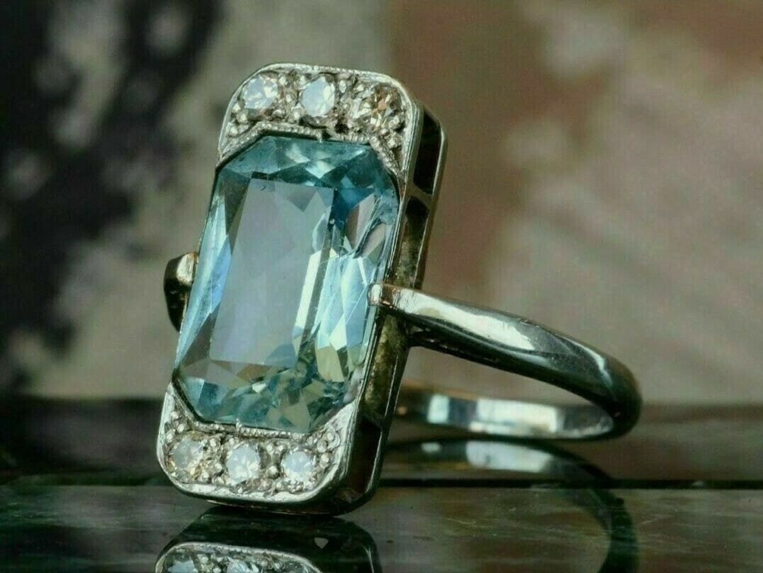 Estate Vintage Art Deco Wedding Ring 935 Argentium Silver , 3.55Ct Aquamarine Diamond Ring, Aquamarine Gemstone Filigree Ring, March Ring