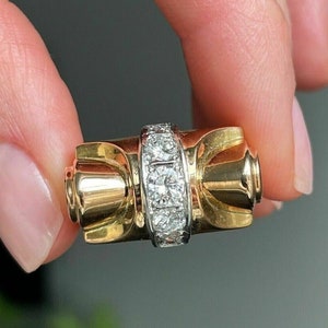 Mens ring Antique TANK Ring set with Moissanite Diamonds set on 14kYellow and White Gold , Mens Two Tone Ring , Christmas Gift , Three Stone
