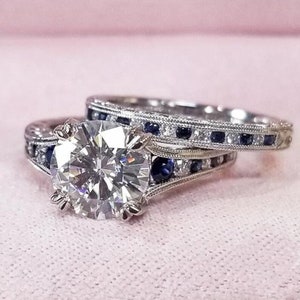 1880s Retro Vintage Bridal Set Wedding Engagement Ring 2.48 Ct White Round Cut Diamond Art Deco Engagement Ring Set In 935 Argentium Silver