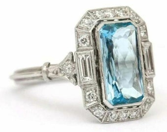 Estate Vintage Art Deco Wedding Ring 935 Argentium Silver , 3.60Ct Aquamarine Diamond Ring , Aquamarine Gemstone Filigree Ring , March Ring