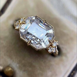2.20 CT Asscher Cut White Diamond Vintage Art Deco Engagement Ring, Wedding Ring, Simulated Diamond 14kt Yellow Gold Finish Ring for Women's