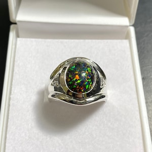 Luxe opaal herenring, natuurlijke zwarte opaal herenring, 925 sterlingzilveren herenring, opaal herenring, heren, ring voor echtgenoot huwelijkscadeau