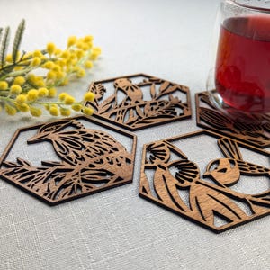 4x Australian Bird Wooden Coasters - Kookaburra, Rainbow Lorikeets, Cockatoo and Blue Wren