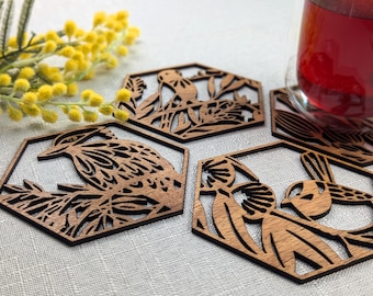 4x Australian Bird Wooden Coasters - Kookaburra, Rainbow Lorikeets, Cockatoo and Blue Wren