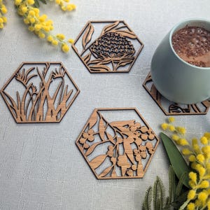 4x Australian Floral Wooden Coasters - Kangaroo Paw, Waratah, Flowering Blue Gum and Wattle