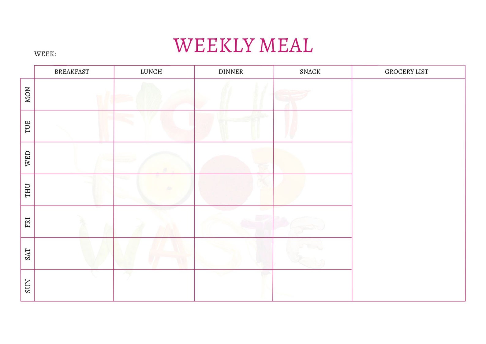 Printable Weekly Meal Planning Callendar, 7 Day Menu Planner, Meal Prep ...