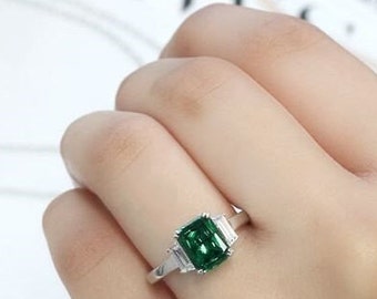 Emerald Ring, Rings For Women, 2.5Ct Radiant Cut Emerald, Sterling Silver Wedding Ring, Engagement Ring, Anniversary Promise Ring, Gold Ring