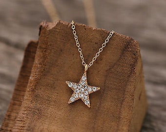 Diamond Star Necklace, Charm Necklace, Celestial Necklace, 14K Rose Gold Plated, 1.0 Ct Round Diamond, Pendant With Chain, Gift For Friend