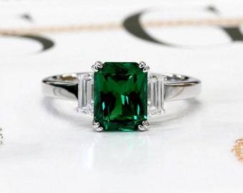 Emerald Ring, Rings For Women, 2.5Ct Radiant Cut Emerald, Sterling Silver Wedding Ring, Engagement Ring, Anniversary Promise Ring, Gold Ring